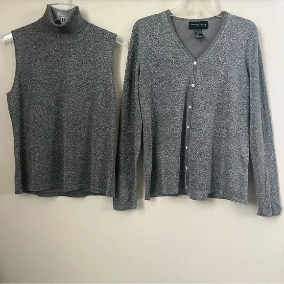 August Silk Shimmering Metallic Silver Knit Cardigan & Turtleneck Twinset SZ L - Picture 3 of 15